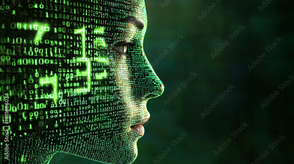 Poster image features profile of person with digital overlay of binary code, symbolizing fusion of technolo
