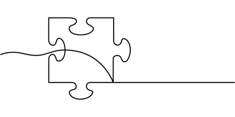 Two connected puzzles line art. Jigsaw pieces continuous one line drawing. Vector isolated on white, An illustration illustrating a puzzle piece drawn in one continuous line. This is a jigsaw puzzle