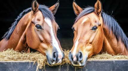 Two horses are eating hay in a stall