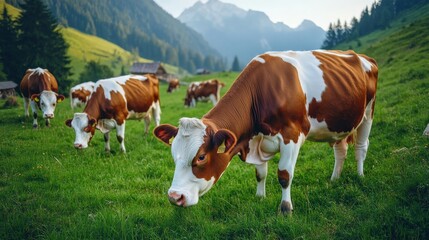 Naklejka premium A cow is grazing in a field with other cows