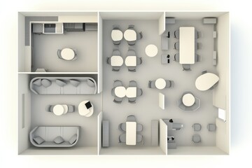 Top-down view of an office space layout with various seating arrangements and workstations