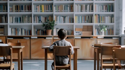 A young boy sits alone at a desk in an empty, brightly lit library, immersed in a book, surrounded by neatly arranged bookshelves.