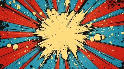 Comic-style explosion with bold colors and dynamic rays, featuring splatter effects, ideal for retro-themed designs, advertising campaigns, or vibrant pop-art projects, emphasizing energy, excitement
