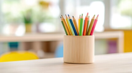 Colorful Pencils in a Wooden Holder on a Table