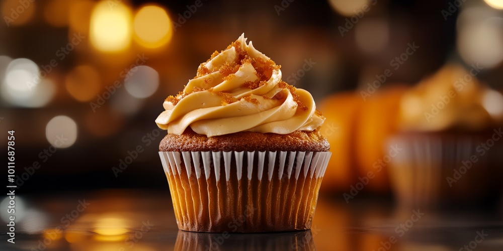 Poster a cupcake with a frosting that has a brown color. the frosting is spread on the cupcake and it is si