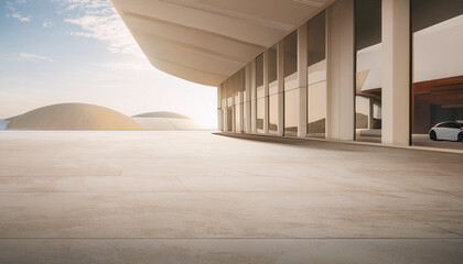 Naklejka premium Abstract beige concrete 3d exterior with straight lines. Modern building with beige walls, stairs and sunlight shadows. Abstract architecture facade design concept background