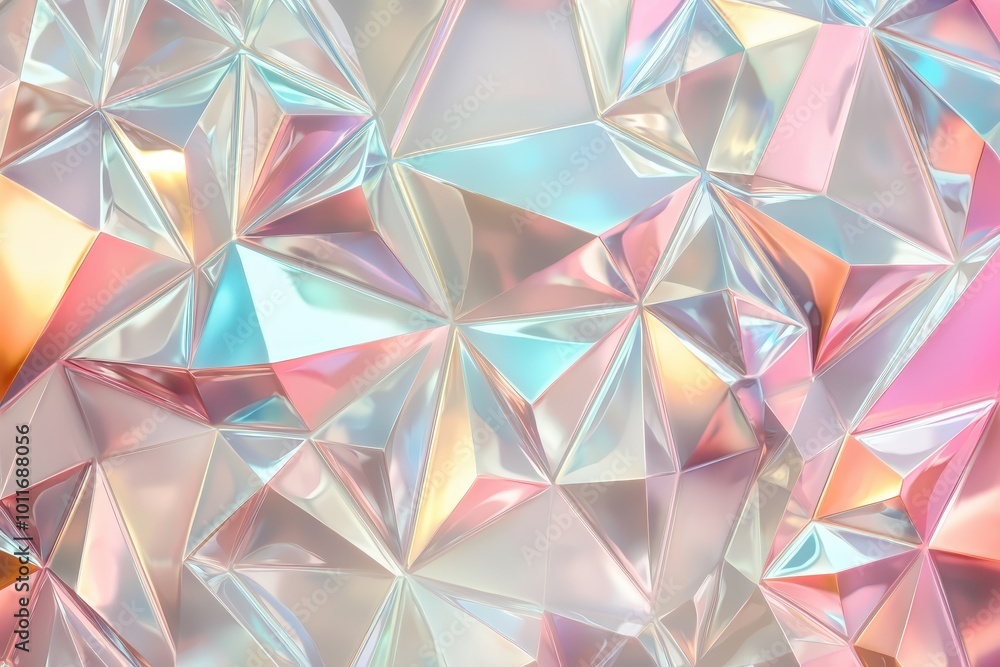 Poster iridescent geometric pattern with pastel colors reflecting light, creating a kaleidoscope effect. pe
