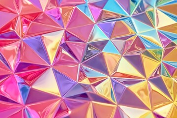 Vibrant geometric pattern with iridescent triangle shapes, creating a colorful and dynamic abstract background ideal for creative design projects.