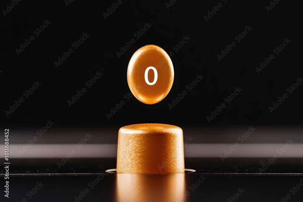 Poster floating number zero above a circular base on a dark background, symbolizing digital or technologica