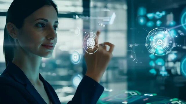 Young girl manager businesswoman interacts with AI AR holographic interface UI science research female scientist modern technology lab VR virtual reality artificial intelligence network IT specialist