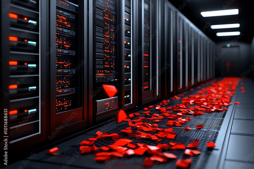 Poster 3D digital model of a corporate office being hacked, where users can explore the scene as data is being stolen from servers, fully animated with realistic lighting
