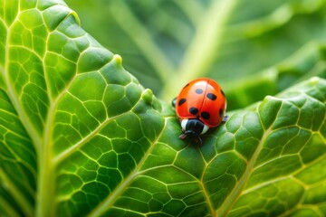 Red ladybug with black spots on green leaf detailed macro shot