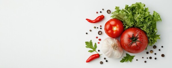 Fresh vegetables including tomatoes, garlic, and greens on a white background.