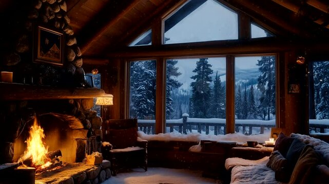 Cozy mountain cabin living room with fireplace and snowy view through large windows. Winter retreat concept. Seamless looping time-lapse animation video background