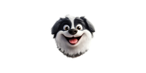 cheerful cartoon dog with fluffy black and white coat, showcasing big smile and bright eyes, radiating joy and playfulness