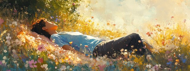 A serene resting in a sunny field, surrounded by blooming flowers, peace, relaxation, nature 