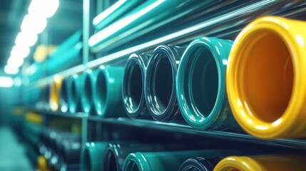 Colorful pipes arranged on shelves in an industrial setting.