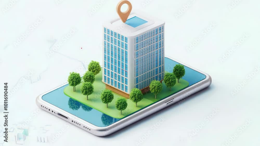 Poster A phone screen shows a building with trees and a river in the background