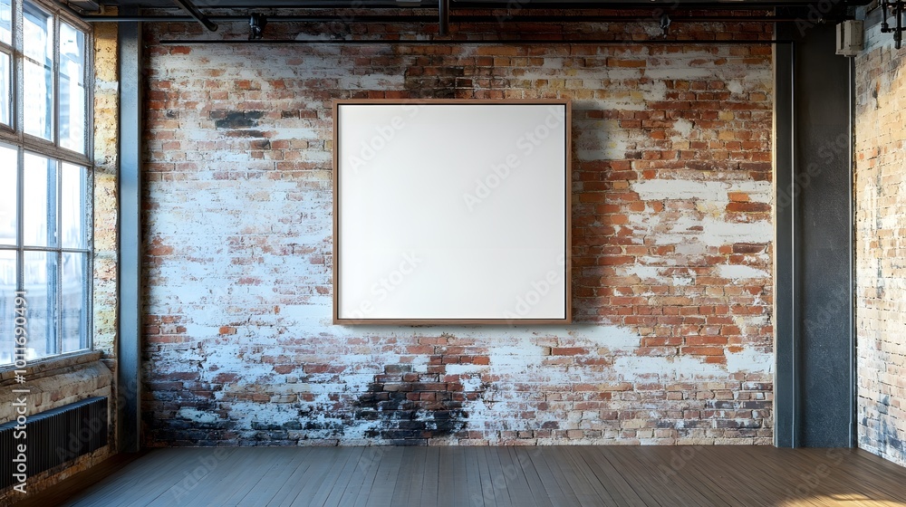 Poster a blank canvas hangs on a rustic, textured wall, illuminated by natural light from large windows, cr