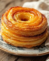 Golden Puff Pastry Ring: A delectable pastry, showcasing its layers and golden-brown crust on a vintage plate. Perfect for food blogs, bakery menus, and culinary publications. 