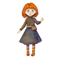 Watercolor illustration of a red-haired witch girl highlighted on a white background. The girl stands with her hand raised. Witchcraft for Halloween. It is suitable for autumn theme decoration.