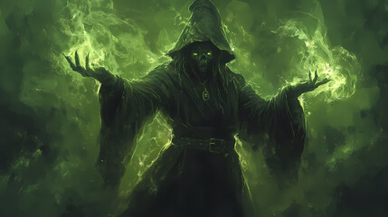 Portray a mystical sorcerer casting spells of enchantment, weaving together ancient incantations to shape the fabric of reality. sorcerer. illustration. Sorcerer's Spell. Illustration