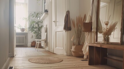 A sunlit hallway adorned with plants and minimalist decor offers a warm, inviting ambiance.