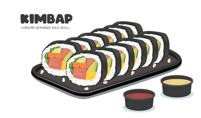 Kimbap or gimbap vector. Korean traditional food clipart. Korean seaweed rice rolls clipart. Flat vector in cartoon style isolated on white background.