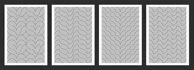 Heart Shaped Wave and Line Seamless Pattern Set. Geometric Black and White Abstract Design Cards for A4 Posters, Brochures, and Flyers.