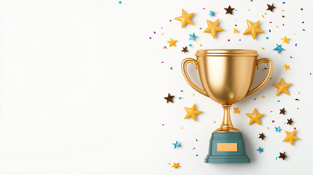 golden trophy cup surrounded by colorful stars and confetti creates festive atmosphere, perfect for celebrating achievements and victories