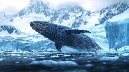 Fototapeta premium A majestic whale leaps from icy waters beneath snow-capped mountains. This stunning scene captures the beauty of nature and marine life. Perfect for wildlife lovers and educational purposes. AI