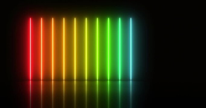 4k video animation of glowing vertical neon lines in rainbow colors on the reflecting floor. Flashing rainbow colors. Retro neon light. Aesthetic color gradients