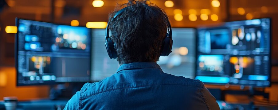 Editor editing video on computer, Generative AI