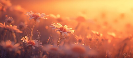 Daisies in Sunset Glow Creating a Dreamy Atmosphere. AI generated illustration
