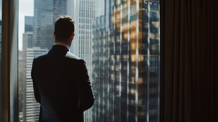 Fototapeta premium A lone businessman gazes out at a cityscape from a window, absorbed in thought, as sunlight illuminates the urban jungle's towering structures.