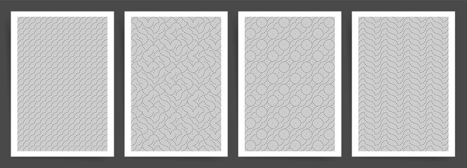 Modern Abstract Asian Geometric Pattern Set. Seamless Black and White Mosaic Textures with Wave and Square Motifs for Business Cards, Brochures, Posters, Wallpaper, and Notebook Designs