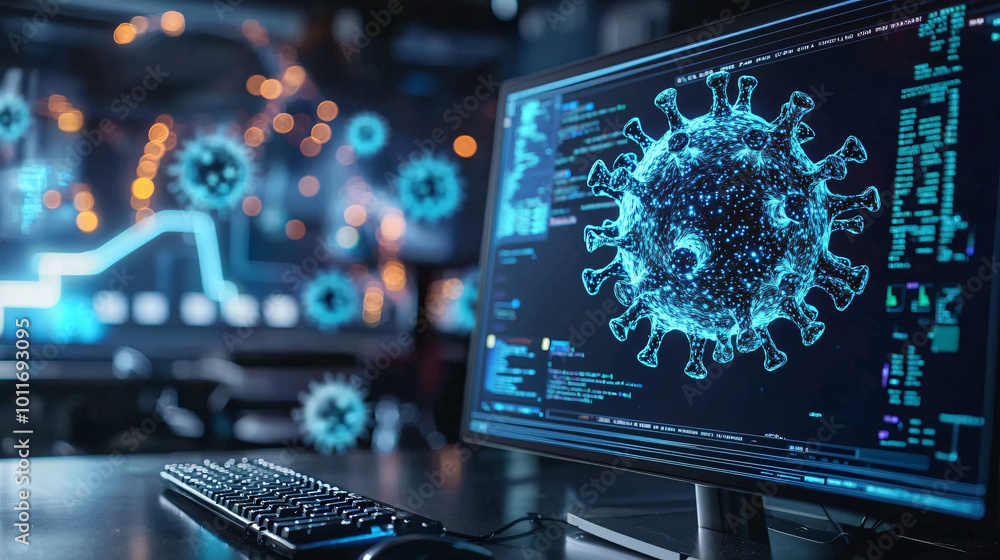 Poster computer displays digital representation of virus, showcasing intricate details and data analysis. b