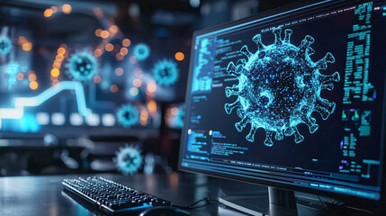 Obraz premium computer displays digital representation of virus, showcasing intricate details and data analysis. background features tech environment, enhancing theme of digital health and technology