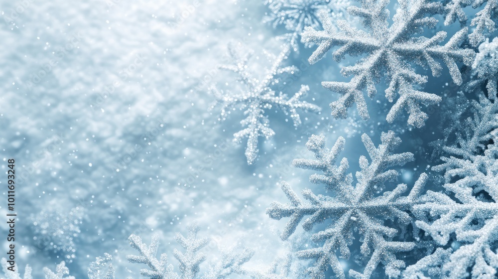 Poster elegant christmas snowflake background in soft blues and whites, featuring intricate snowflakes and 