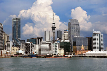 Auckland skyline with dramatic clouds and the landmark, Sky Tower, north island, New Zealand