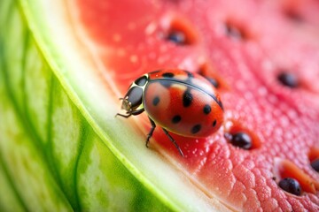 Fototapeta premium Ladybug on watermelon slice red and green contrast macro