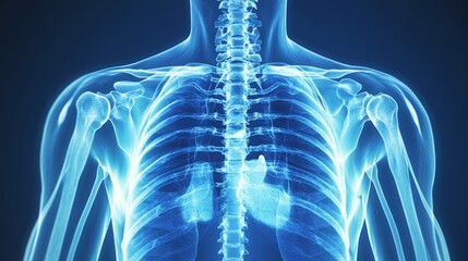 An X-ray image of the human thoracic cavity, showcasing the detailed anatomy of the lungs, spine, and ribs, illustrating key structures within the chest and providing insights into respiratory health 