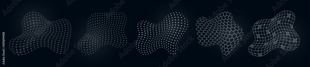 Poster hud futuristic distorted 3d elements surface grid set. digital ui flexible wire mesh shapes. gui hi 