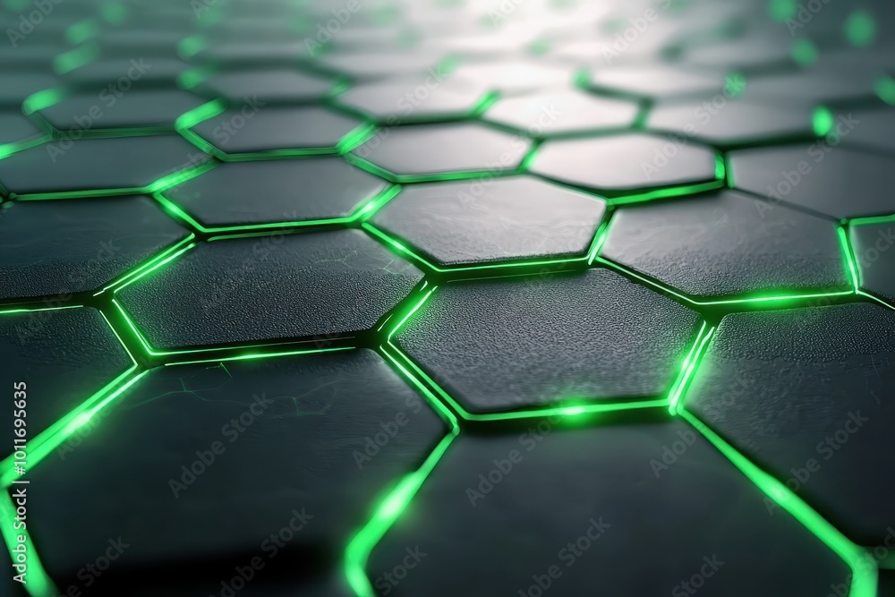 Poster futuristic glowing green hexagonal pattern texture, perfect for technology and sci-fi themes in desi