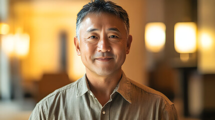 Fototapeta premium A close-up portrait of a middle-aged asian male smiling warmly in a well-lit environment with soft bokeh background
