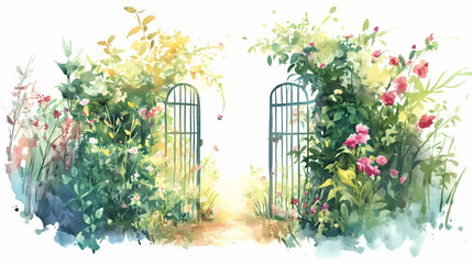 Watercolor painting of a garden gate opening to a secret garden, flowers in bloom, on a white background. Enchanted Garden. Illustration