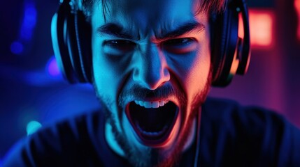 Gamer with Headphones, Neon Lights