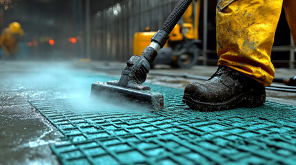 Fototapeta premium A worker cleans a green mat with a steam cleaner.