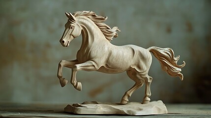 A wooden carving of a horse, in mid-leap, with a flowing mane and tail. The horse is carved in a realistic style and has a light brown color. 
