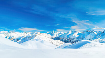 Expansive winter landscape featuring snow-covered mountains under a bright blue sky with wispy clouds